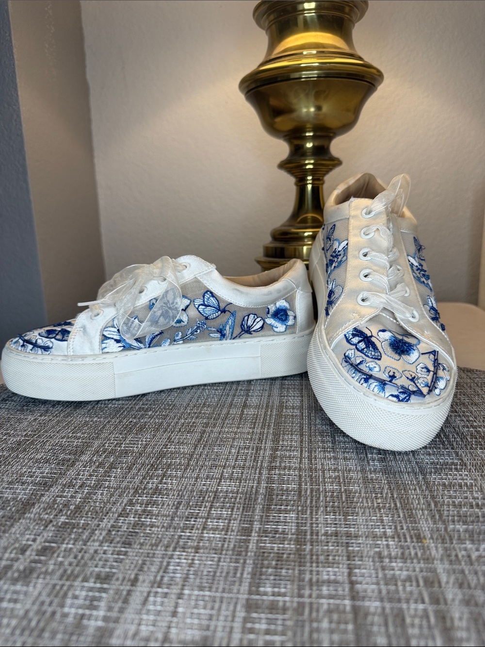 Betsey Johnson White Sneakers with Blue Floral Embroidery